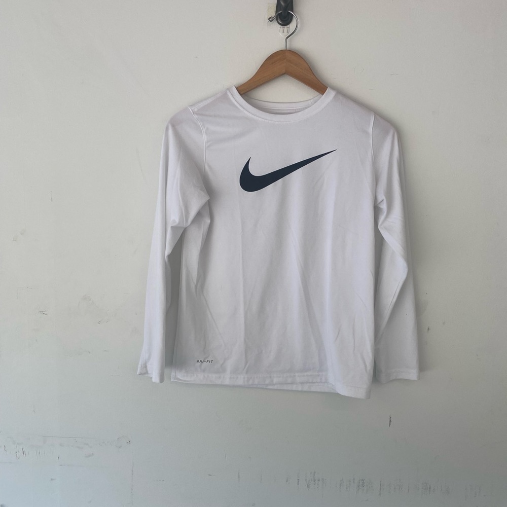 White Long Sleeve Dri Fit Nike Athletic Shirt - Youth Large. Great Shape